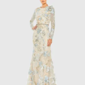 Blue and Beige Floral Embroidered Lace Trumpet Gown