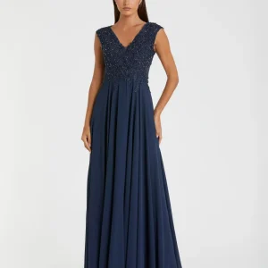 Navy Cap Sleeve Applique Bodice Flowy Gown