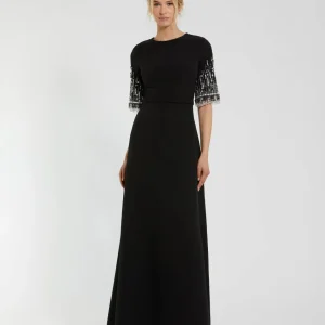 Black Crepe A Line Gown With Beaded 3/4 Sleeves