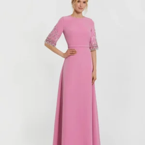 Crepe A Line Gown With Beaded 3/4 Sleeves