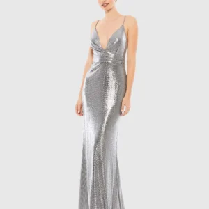 Silver Metallic Faux Wrap Spaghetti Strap Gown