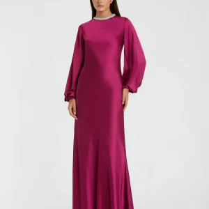 Beaded High Neck Bishop Sleeve Satin Gown