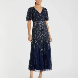 Navy Beaded Wrap Over Butterfly Sleeve Dress
