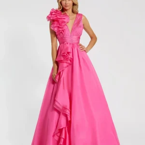 Pink Ruffle Shoulder V-Neck Chiffon Gown