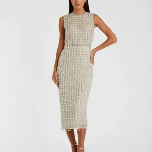 Sleeveless High Neck Beaded Midi Sheath Dress