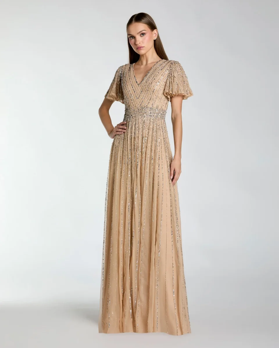 Beige Sequin V-Neck Flutter Sleeve Gown – Image 2