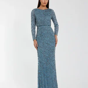 Blue Long Sleeve Beaded Blouson Gown
