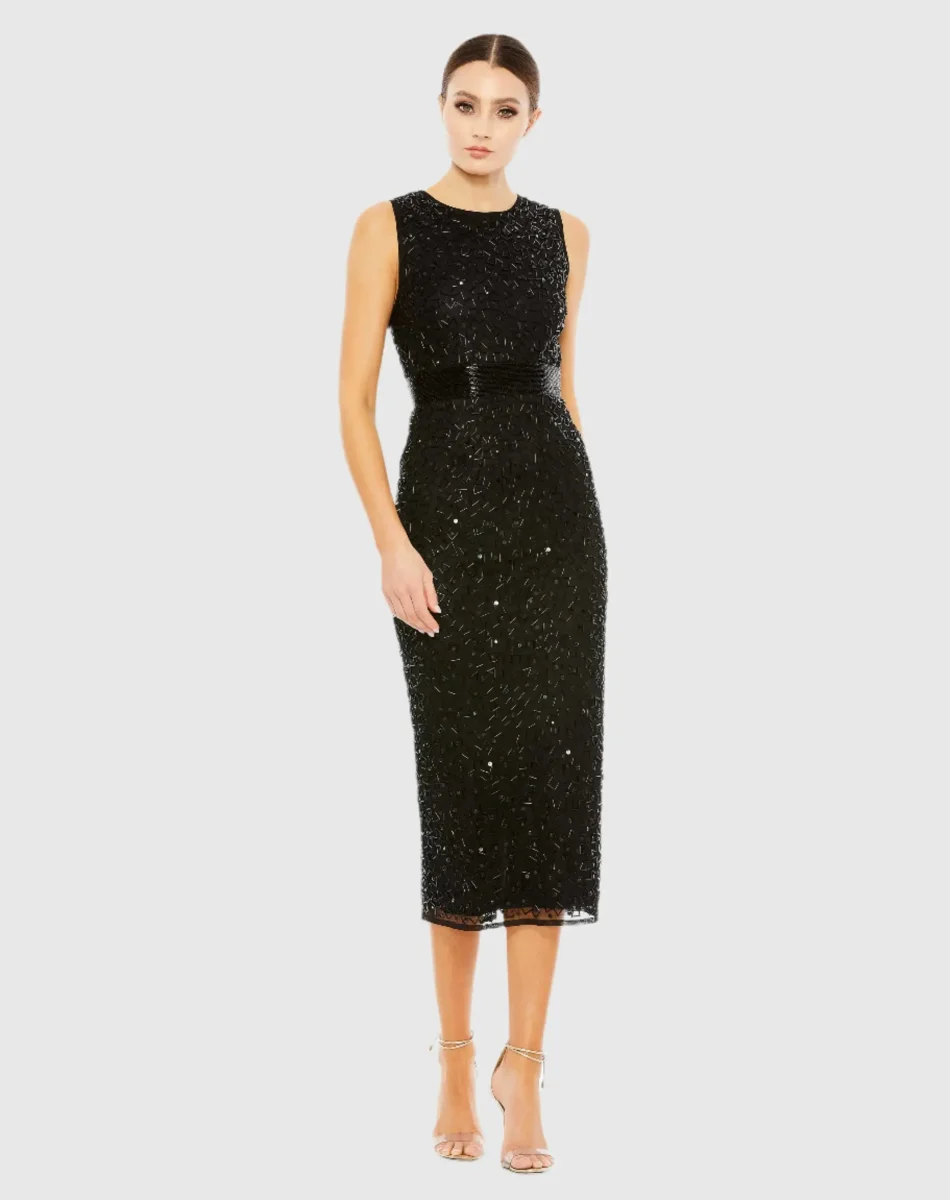 Black Geometric Embellished Sleeveless Sheath Dress – Image 2