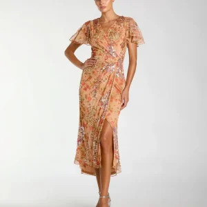 Orange Embellished Floral Flutter Sleeve Midi Dress