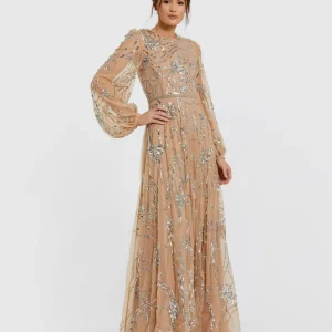 Beige Embellished High Neck Puff Sleeve Gown