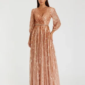 Pink Sequined Wrap Over 3/4 Sleeve Gown