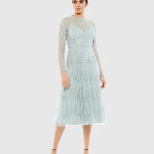 Sequined Illusion High Neck Long Sleeve Midi Dress
