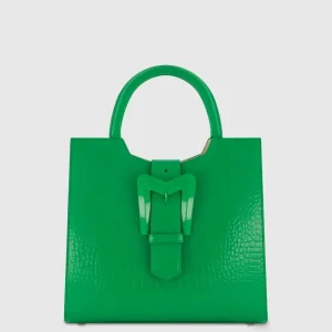 Green Buckled Medium Croco Leather Tote Bag with Detachable Strap