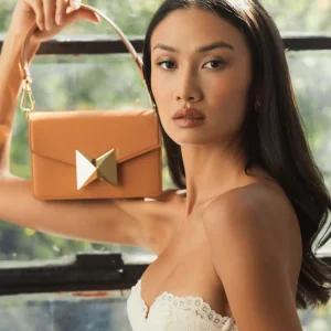 Brown Mini Leather Shoulder Handbag With Gold Hardware