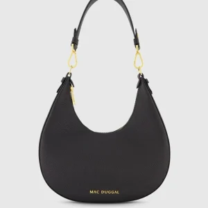 Black Grain Leather Hobo Bag With Gold Hardware