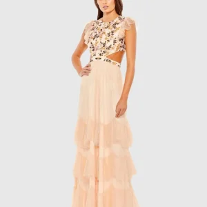 Embroidered Bodice Cap Sleeve Ruffle Tiered Gown