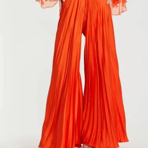 Orange Pleated Charmeuse Wide Leg Pants
