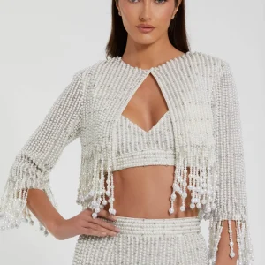 White Pearl Beaded Cropped Jacket